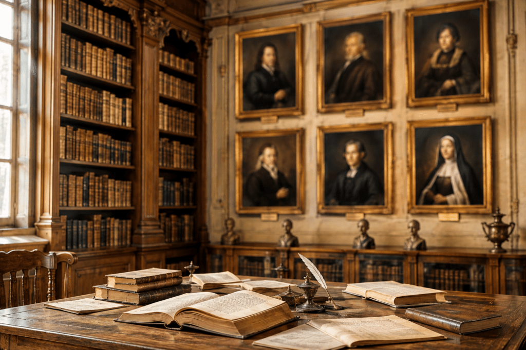 Biblioteca antica con ritratti di personaggi storici, simbolo del rapporto tra disturbo ossessivo-compulsivo (DOC) e figure del passato.