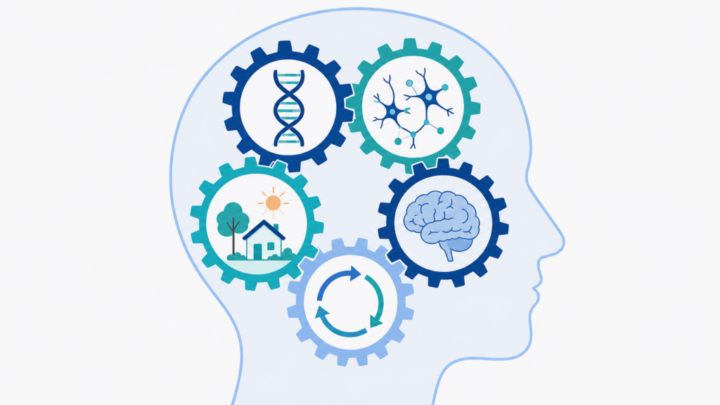**Testo alternativo:**
Modello integrato delle cause del DOC: interazione tra fattori genetici, neurobiologici, psicologici, ambientali e apprendimento.