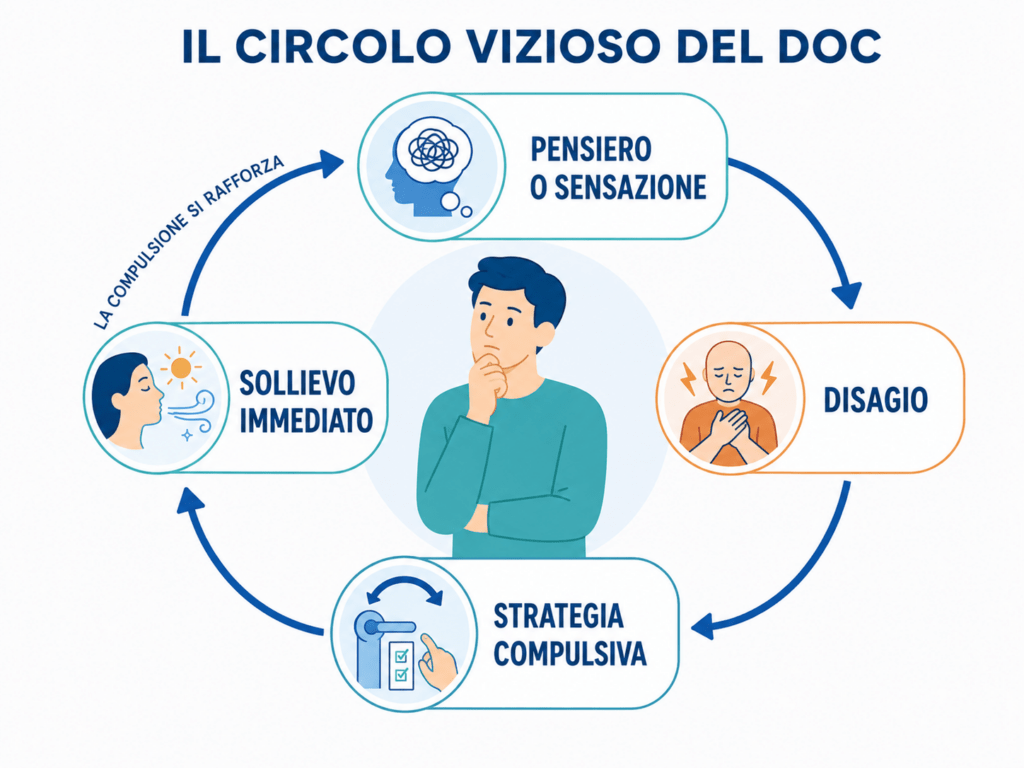 Schema del circolo vizioso del DOC: pensiero o sensazione, disagio, strategia compulsiva e sollievo immediato.