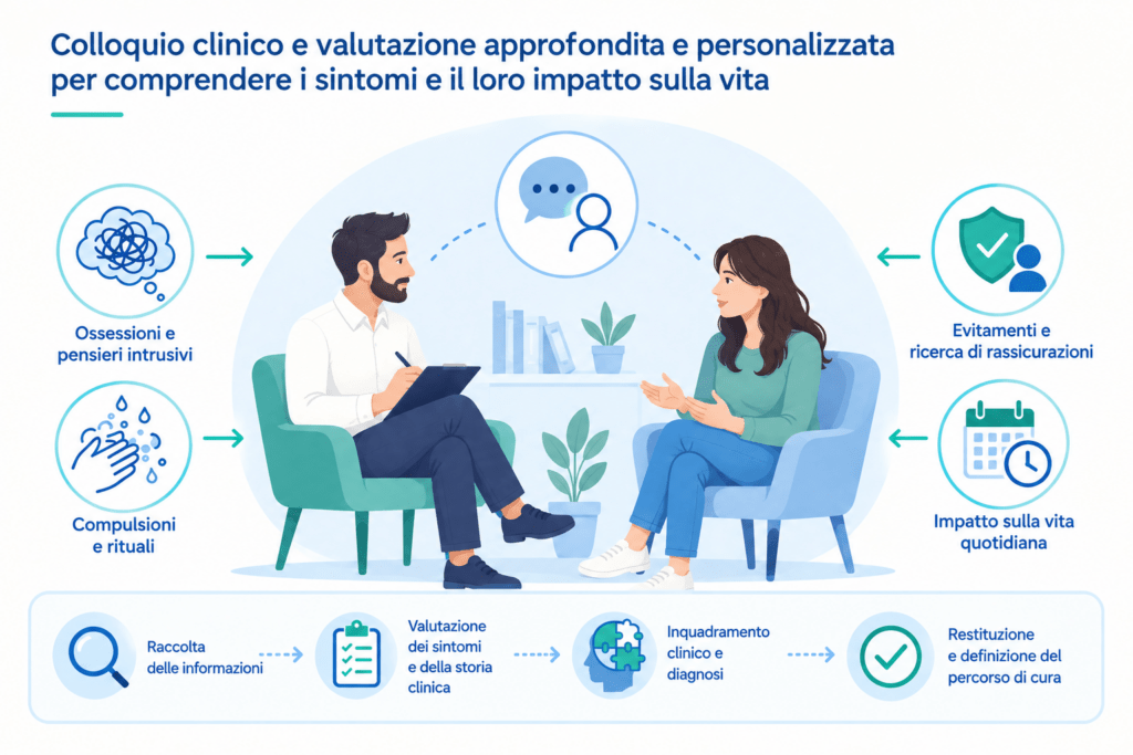 Colloquio clinico approfondito e personalizzato per la diagnosi del Disturbo Ossessivo Compulsivo, con valutazione di ossessioni, compulsioni, evitamenti e impatto sulla vita quotidiana.