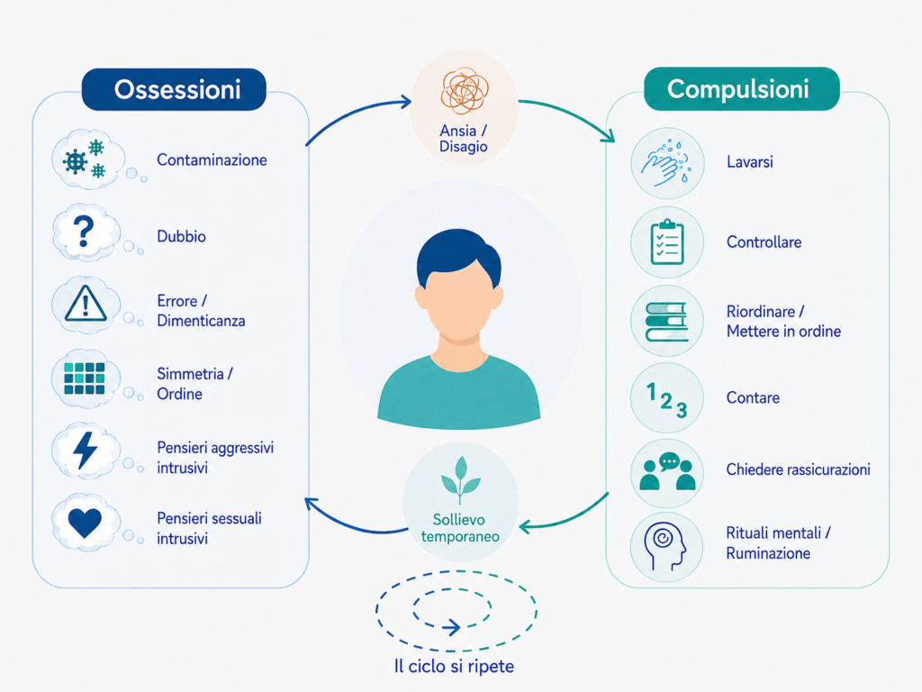 Schema del Disturbo Ossessivo Compulsivo con esempi di ossessioni, compulsioni, ansia, sollievo temporaneo e ripetizione del ciclo.