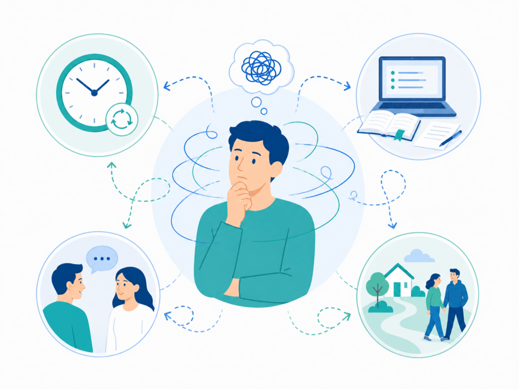 Persona circondata da simboli di tempo, studio, lavoro, relazioni e vita quotidiana, per rappresentare come il DOC può interferire con diverse aree della vita.