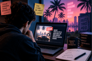 Illustrazione concettuale sulla psicologia della curiosità: una persona osserva sul computer un leak di GTA 6 e informazioni non ancora rivelate