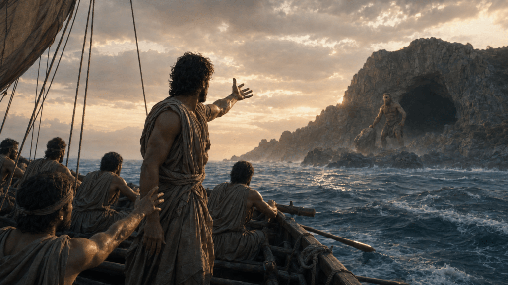 Ulisse si volta dalla nave verso Polifemo mentre un compagno cerca di trattenerlo.