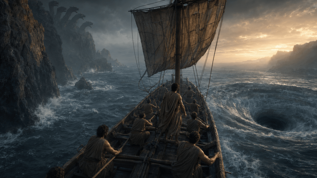 La nave di Ulisse attraversa lo stretto tra Scilla e il vortice di Cariddi.