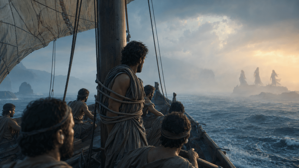 Ulisse legato all’albero della nave mentre le Sirene appaiono in lontananza.