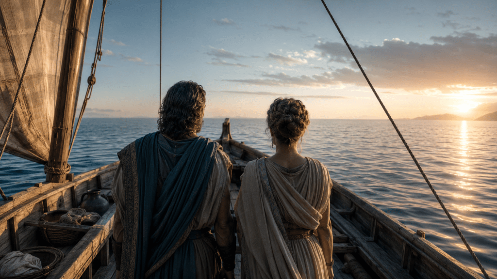 Ulisse e Penelope di spalle su una barca greca mentre osservano insieme l’orizzonte.