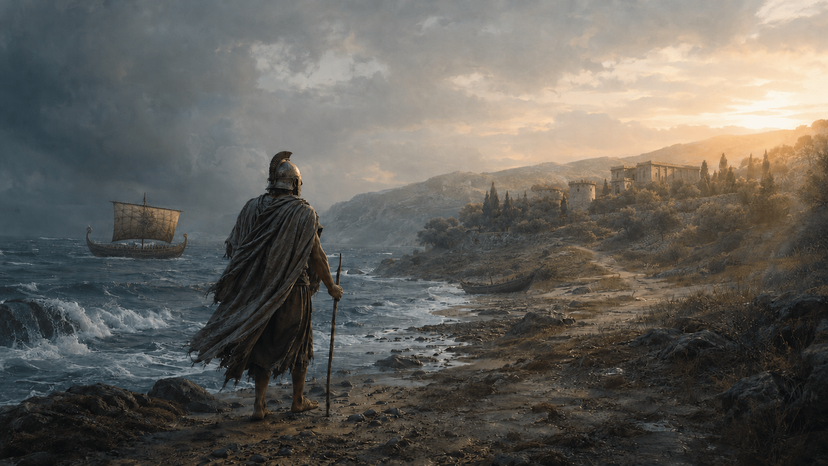 Immagine ispirata all’Odissea di Nolan: Ulisse osserva Itaca mentre una nave greca attraversa il mare.